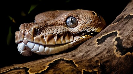 Obraz premium Close-up of a light brown snake's head resting on a dark brown branch.