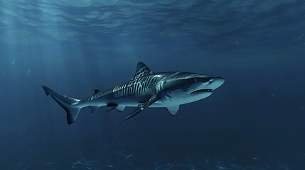 Obraz premium Tiger Shark Gracefully Gliding Through the Vast Deep Blue Ocean Waters, Showcasing Its Power, Elegance, and Dominance in the Mysterious Depths of Its Natural Marine Habitat