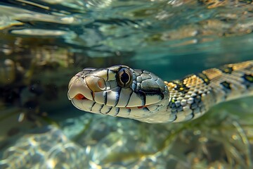 Fototapeta premium Close-up of a snake's head underwater, showing intricate scales and patterns.