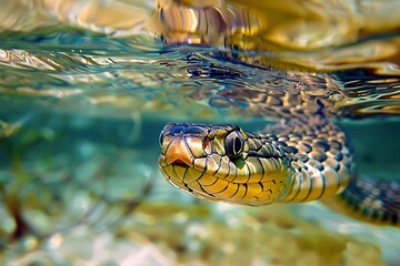 Fototapeta premium Underwater close-up of a snake's head, partially submerged, showcasing its scales and eye.