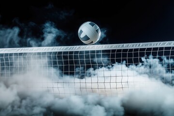 Dramatic volleyball net scene with thick smoke. Volleyball in mid-air. Intense atmosphere. Suitable for sports action photos. Sport photo suitable for different sports themes like action game