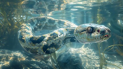Obraz premium Underwater snake swimming among rocks and seaweed.
