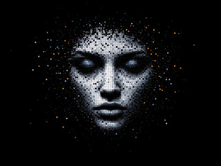 Digital, Pixelated, Head, Face, Disintegrating, 3D, Artificial Intelligence, Futuristic, Technology, Cyber, Glitch, Abstract, Blue, White, Squares, Cubes, Dissolving, Transparent, Modern, Innovative, 