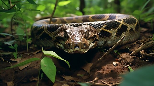 A large reticulated python coiled on the forest floor, its head facing the camera.