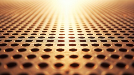 Close-up Perspective of Perforated Metal Surface with Round Holes, Reflecting Light in a Warm Tone, Industrial Texture for Modern Design and Background Use