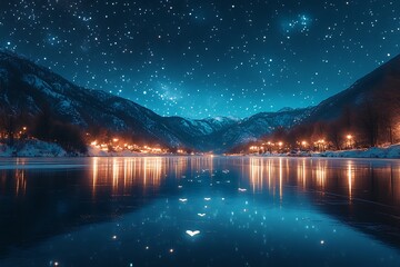 A breathtaking night scene with a starry sky above a serene lake reflecting the lights of a distant town