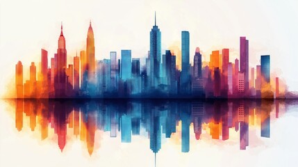 Obraz premium Colorful urban skyline panorama reflects on calm water. Modern buildings stand in vibrant hues. Cityscape scene ideal for urban designs, tech concepts. Vivid colors suggest urban energy, creativity.