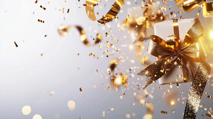 Exploding Ribbons and Confetti with Glitter Trails on White Background