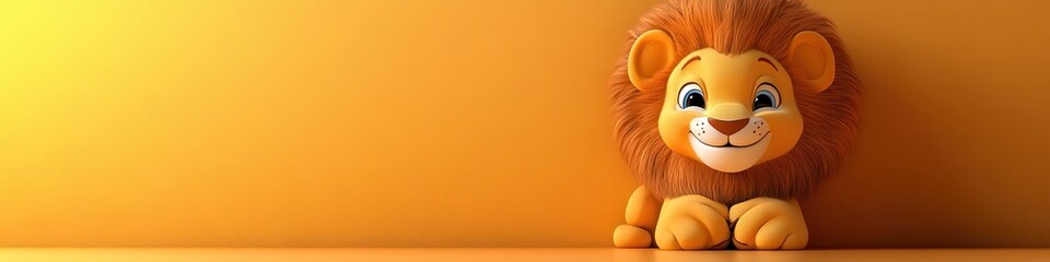 Naklejka premium Lion Plushie, Soft Toy, Yellow Background, Playful Scene, Children's Artwork