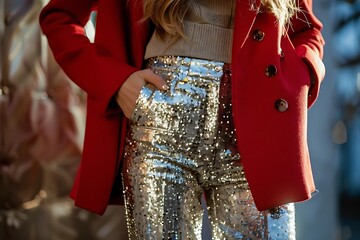 Woman in red coat and silver sequined pants, hands in pockets.