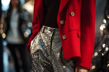 Woman wearing red blazer and sequined trousers.