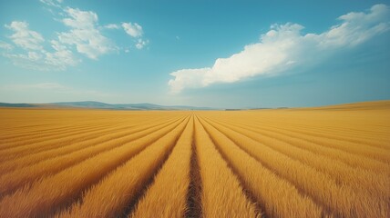 Expansive Golden Wheat Field Under a Clear Blue Sky With Gentle Clouds in the Background. Generative AI