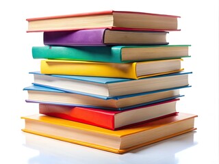 A sharp closeup reveals a towering stack of books against a pristine white background, embodying knowledge and learning.