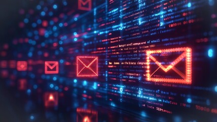 Digital Communication and Cybersecurity With Glowing Email Icons and Code Fragments in a Futuristic Abstract Environment. Generative AI