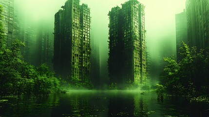 Obraz premium Abandoned Skyscrapers Surrounded by Floodwaters and Lush Greenery Images
