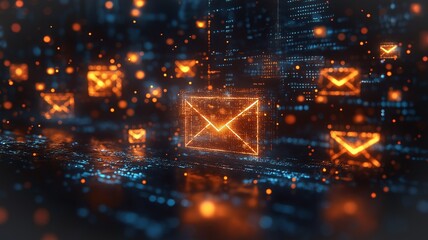 Digital Representation of Glowing Email Icons Floating in a Futuristic Data Environment at Night. Generative AI