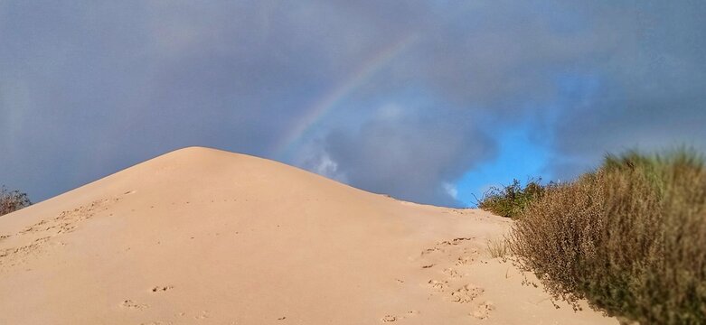Regenbogen bei bew&ouml;lktem Himmel &uuml;ber einer D&uuml;ne