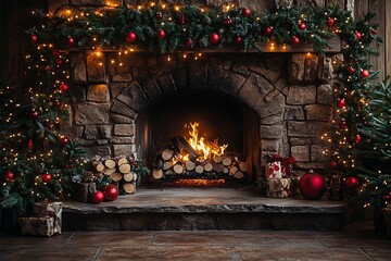 Cozy Christmas scene with a fireplace, decorated trees, and gifts, creating a warm and festive atmosphere.