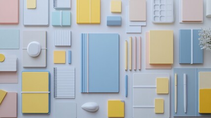 Colorful Stationery Layout with Pastel Notebooks and Paper