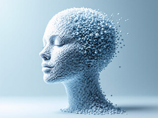 Artificial Intelligence, Technology, Digital, Innovation, Futuristic, Robotics, Cybernetic, Pixels, 3D Modeling, Head, Face, Humanoid, Machine Learning, Data Processing, Algorithms, Virtual Reality, A