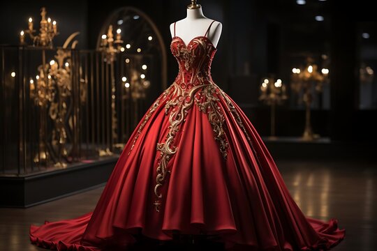 Elegant red ball gown with gold embroidery on a mannequin in a dark room.