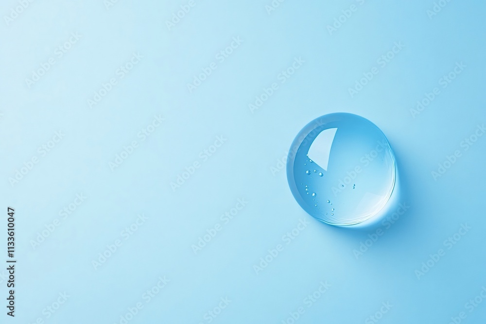 Poster large, glistening drop of pure water sits on a smooth, light blue surface, creating a serene and ref