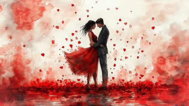 Romantic Couple Embracing Amidst a Backdrop of Falling Red Hearts in a Dreamy, Artistic Setting. Generative AI