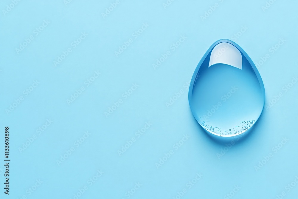 Poster big, clear water drop adorned with tiny bubbles rests on a light blue surface, forming a simple yet 