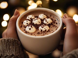 Hot chocolate adorned with marshmallows and chocolate flakes, held in hands.