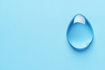 Big, clear water drop adorned with tiny bubbles rests on a light blue surface, forming a simple yet elegant composition that offers ample copy space for creative use