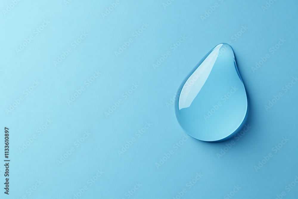 Poster big, clear drop of pure water resting on a smooth, light blue surface, creating an elegant and minim