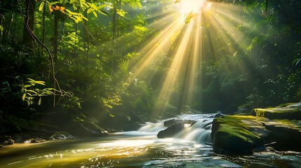 Obraz premium A tranquil river flowing gently through a dense, lush forest, surrounded by towering trees and vibrant greenery, creating a peaceful and breathtaking natural paradise full of serenity and beauty