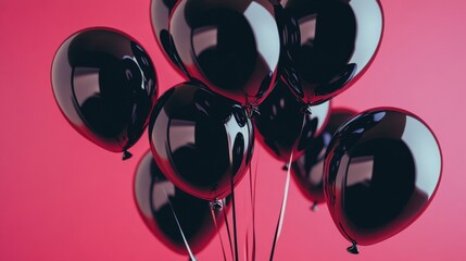 A collection of glossy black balloons tied together, symbolizing sophistication and celebration, ideal for parties and special events