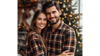 Fototapeta premium Happy couple embracing near a decorated Christmas tree.