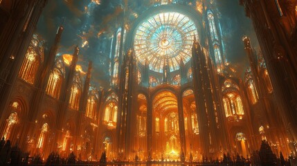 Golden cathedral, stained-glass dome, ethereal light.