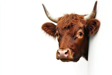 Funny cow peeks around the corner adding humor against a bright white background