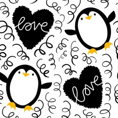 Valentine love hearts seamless 14 February penguin pattern for wrapping paper