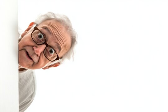 Surprised senior person peeks around the corner with a funny expression in a bright setting