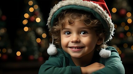 Happy toddler boy in Santa hat smiles at camera against bokeh Christmas lights.