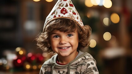 Happy toddler boy wearing a festive Christmas hat, smiling at the camera.