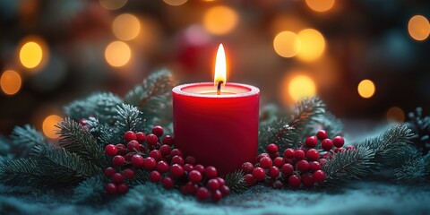 Red candle surrounded by Christmas decorations. Frosted pine branches, berries create festive scene. Warm glowing lights softly blur in background. Peaceful, cozy holiday atmosphere. Image perfect