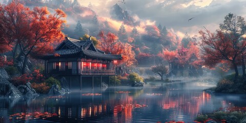 Obraz premium A serene autumn landscape showcasing a traditional pagoda by the water amidst vibrant red maple trees and misty mountains in the backdrop, creating a tranquil and enchanting scene