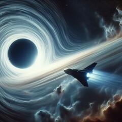 A spacecraft embarks on an epic journey toward a black hole, depicted in this vibrant sci-fi scene. The swirling cosmic forces and vivid light contrast with the mysterious, dark center of the black
