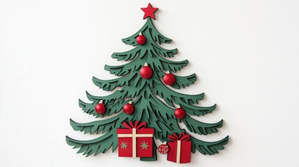 Obraz premium Green Christmas tree cutout with red ornaments and a gift box evoking holiday cheer