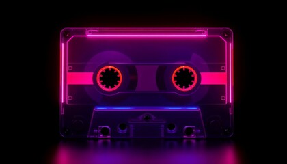 Brightly glowing image of a classic cassette tape with neon accents, showcasing a stunning retro-futuristic aesthetic and evoking nostalgia for audio formats of the past.

