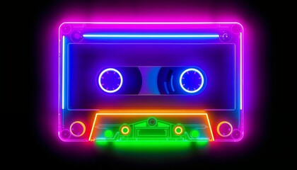 Brightly glowing image of a classic cassette tape with neon accents, showcasing a stunning...