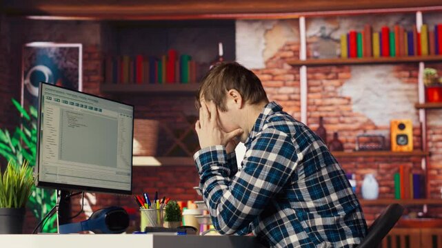 Coder at workstation programming on PC, writing lines of code, using development tools, feeling stressed. Man in home office having deadline, stressed to finish debugging software, camera B