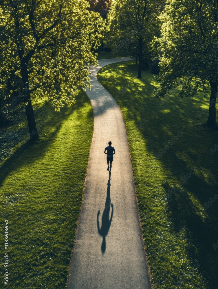 Poster a solitary runner ventures along a curving path in a lush green park, surrounded by trees under the 