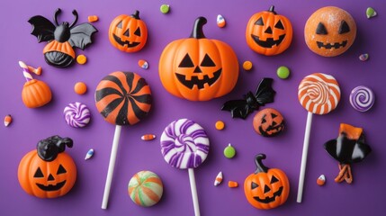 Candies, pumpkins, and Halloween elements on a purple background for a trick-or-treat scene