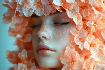 Dreamlike portrait of a woman's face surrounded by delicate peach-colored flowers, evoking serenity and beauty.